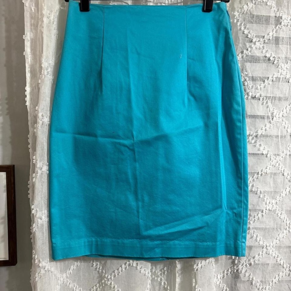 Women Turquoise Blue High Waisted Cotton Blend Pencil Skirt Tailored Knee Length